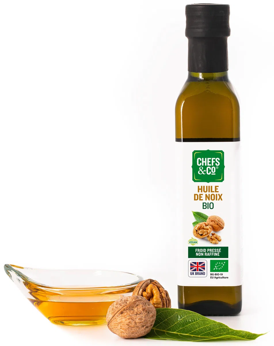 CHEFS & CO Aceite de nuez prensado en frío orgánico (sin refinar) -250ml |100% natural | Rico en Omega-3 y Omega-6 y fitonutrientes | Vegano | Sin gluten | No GMO