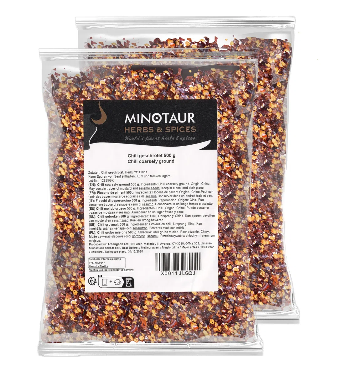 Minotaur Spices | Chili molido grueso | Copos de chile | 2 x 500 g (1 Kg) | Escamas, Medio Picante, Chiles