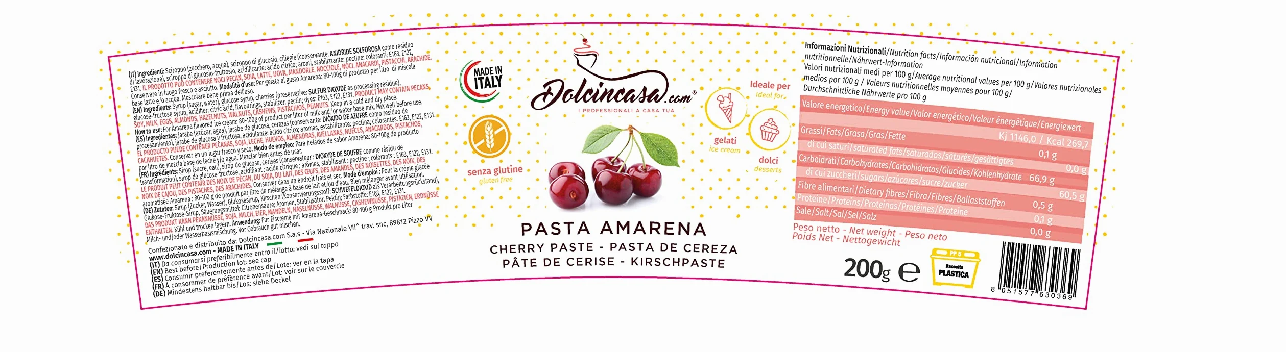 Dolcincasa.com Pasta Helada Amarena Ideal para Helados Pasteleria Postres para uso Domestico y Profesional Sin Gluten 200gr