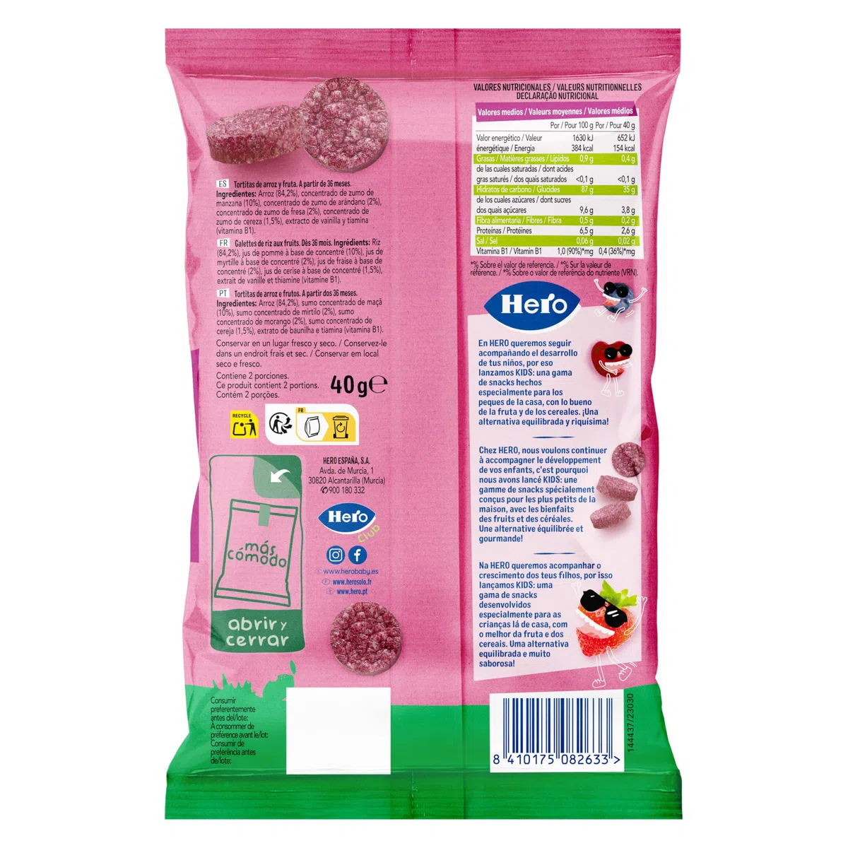 Hero Snack Tortitas de Arroz y Frutos Rojos sin aditivos ni aceite de palma- Pack de 6x40gr