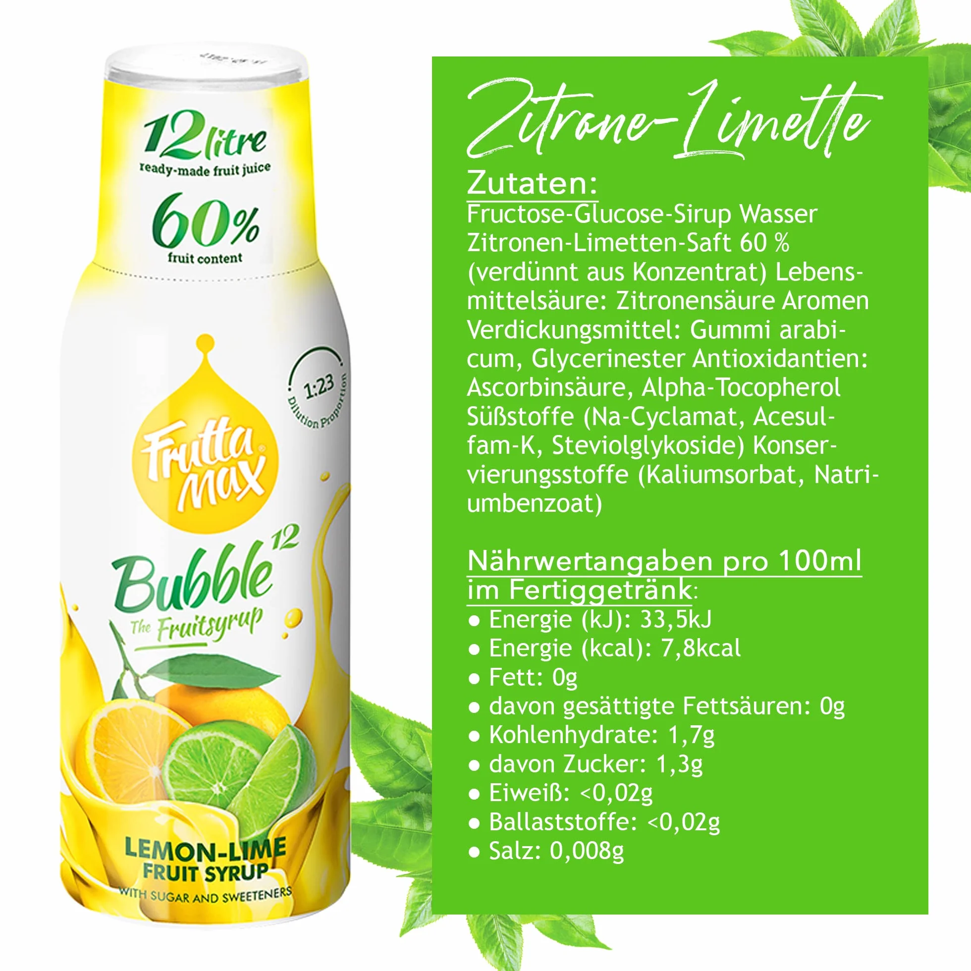FruttaMax - Concentrado de jarabe de frutas | Menos azúcar | con un 60% de contenido de fruta | adecuado para máquina de refrescos 500ml (Limón-Lima)