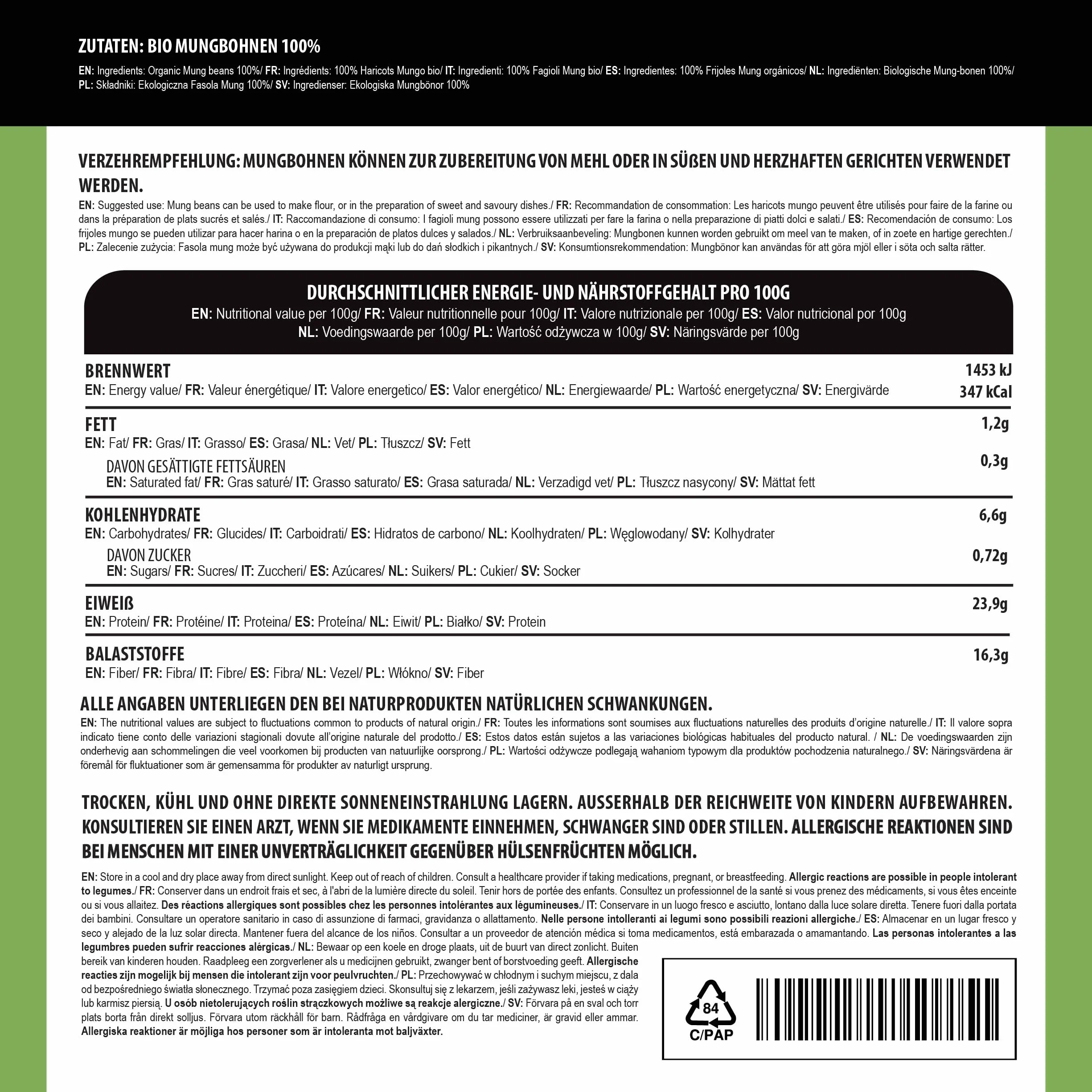 Alpi Nature Frijoles Mungo Orgánicos 1kg, Frijoles Mungo Verdes Enteros para Cocinar, sin Gluten