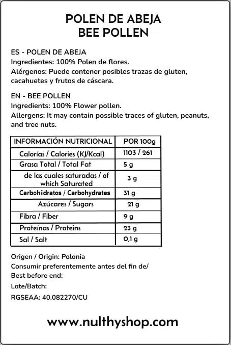 NULTHY 500g - Polen de Abeja Natural en Grano Multifloral, Alto en Proteínas y Vitaminas