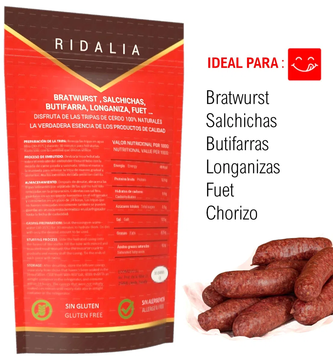Ridalia - Tripa para Embutidos Salchichas y Chorizo 28/32 Natural de Cerdo Resistente, 25 Metros, Tripa Salada de Uso Culinario, Tripa para Embutir de Cerdo, Tripa Natural