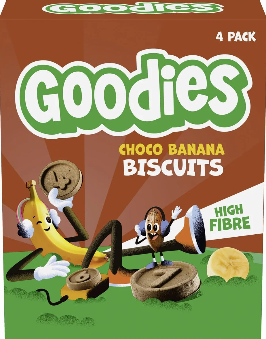 Goodies, Galletas para Niños Sabor Chocolate y Plátano, Biscuits Choco Banana Ricas en Fibra y Sin Aceite de Palma, 3 cajas 4x20g