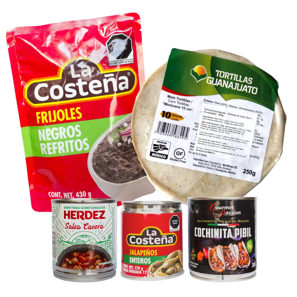 TLT FOODS - Lote Experiencia productos mexicanos – Kit Tacos Cochinita Pibil, Ideal para fiestas y degustacion comida mexicana - Pack con tortillas de maíz salsa casera jalapeños y frijoles refritos