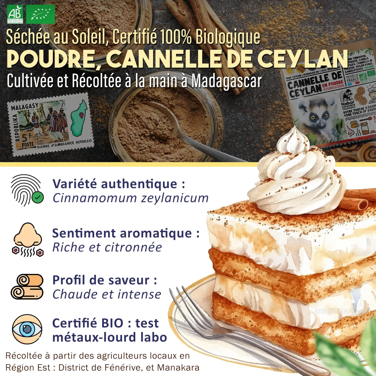 Nabür - 500 gr Canela de Ceilán Orgánico Bio en Polvo de Madagascar, Canela molida de Ceilán Biologico
