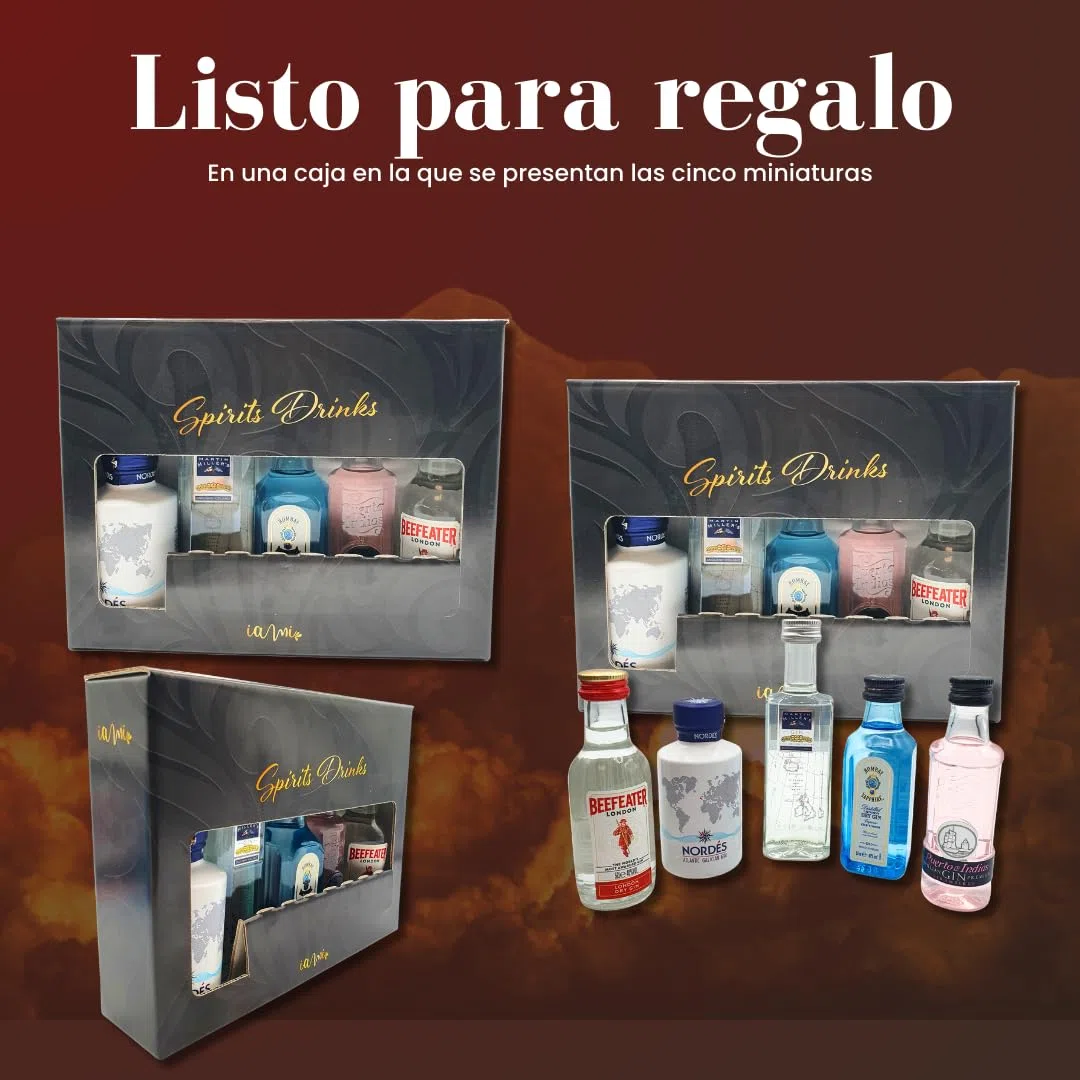 Kit Mini Ginebras | Caja Regalo con 5 Mini Botellas: Beefeater,Nordes,MartinMiller, PuertodeIndias y BombaySaphire | Perfecto como Regalo Original | Pack Ginebra 5 x 5cl