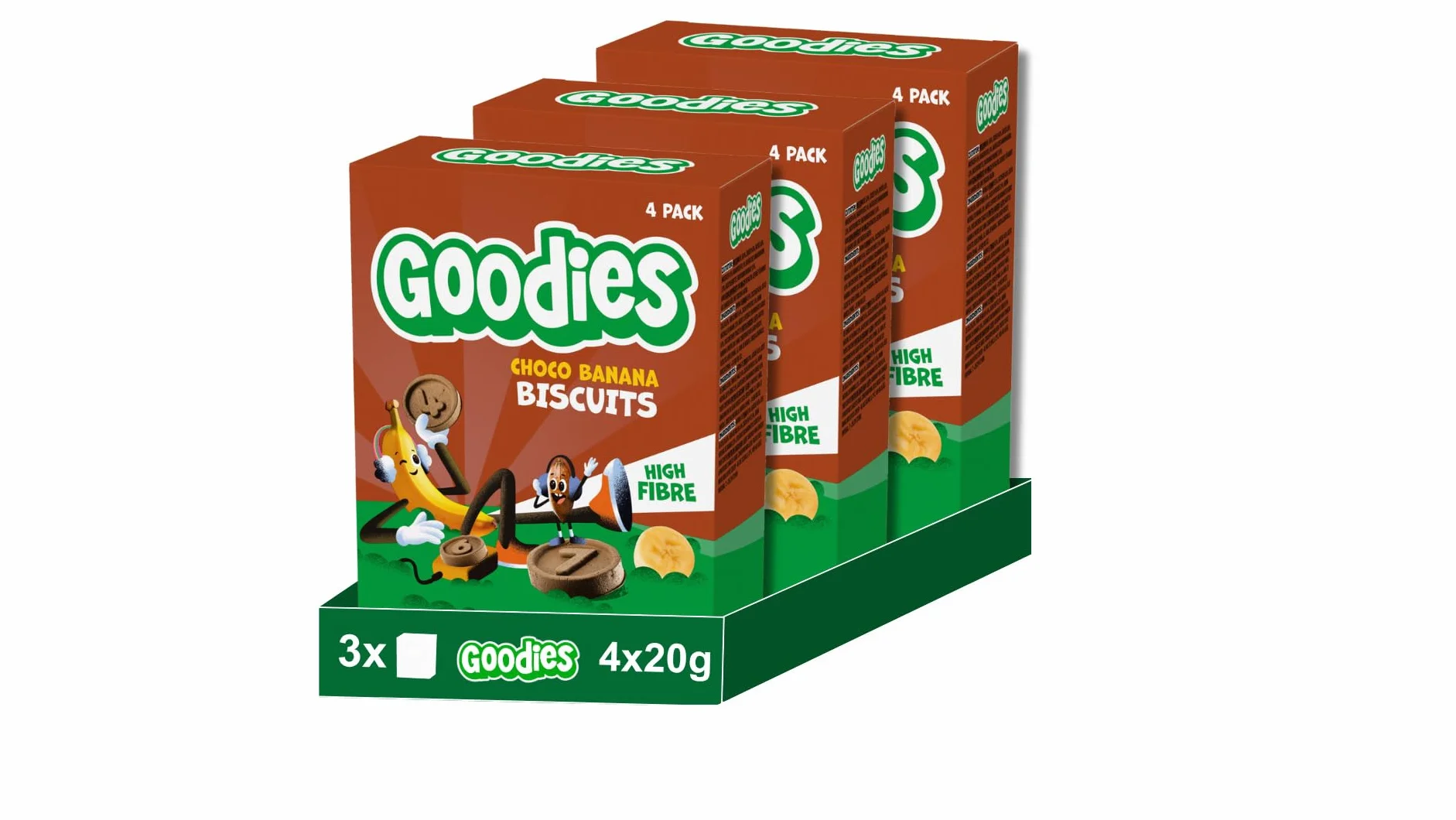 Goodies, Galletas para Niños Sabor Chocolate y Plátano, Biscuits Choco Banana Ricas en Fibra y Sin Aceite de Palma, 3 cajas 4x20g