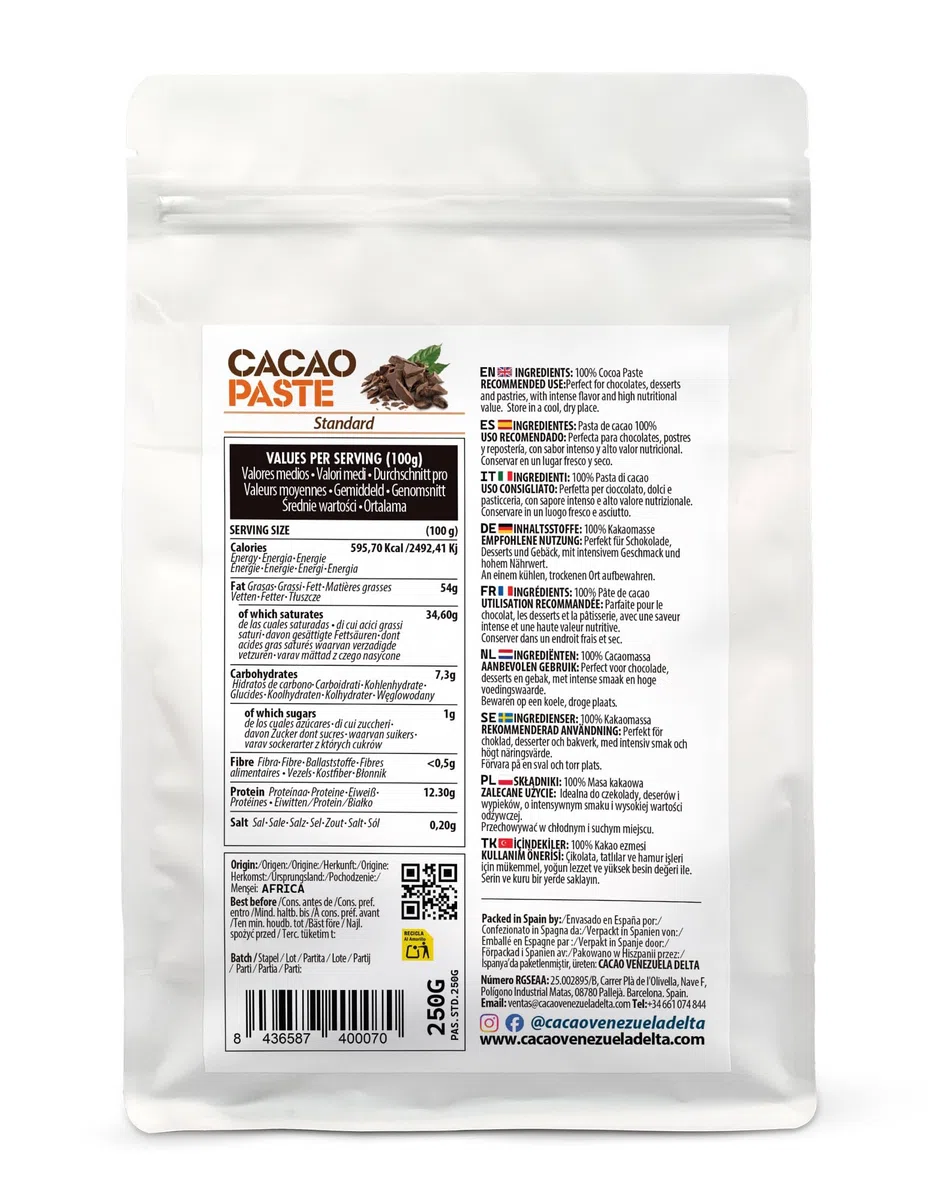 Cacao Venezuela Delta Pasta De Cacao Pura Ceremonial 250g - Chocolate Negro 100% Puro sin Azúcar para Fundir y Reposteria - Masa De Cacao Sin Gluten, Antioxidante, Vegano