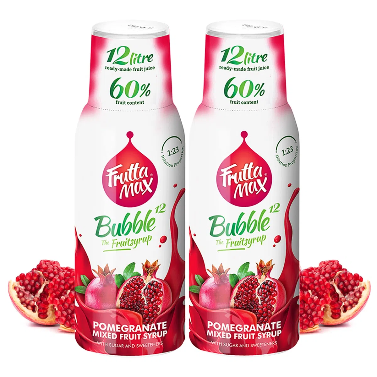 2 paquetes - FruttaMax - Concentrado de jarabe de frutas | Menos azúcar | con un 60% de contenido de fruta | adecuado para máquina de refrescos (2 x 500 ml) (2 x Granada)