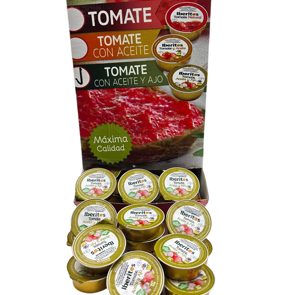 Tomate Natural Rallado con Aceite de Oliva y Ajo Monodosis Iberitos - Expositor con 120 monodosis de 22 gramos - Tomate Rallado con Aceite y Ajo - Especial Hosteleria