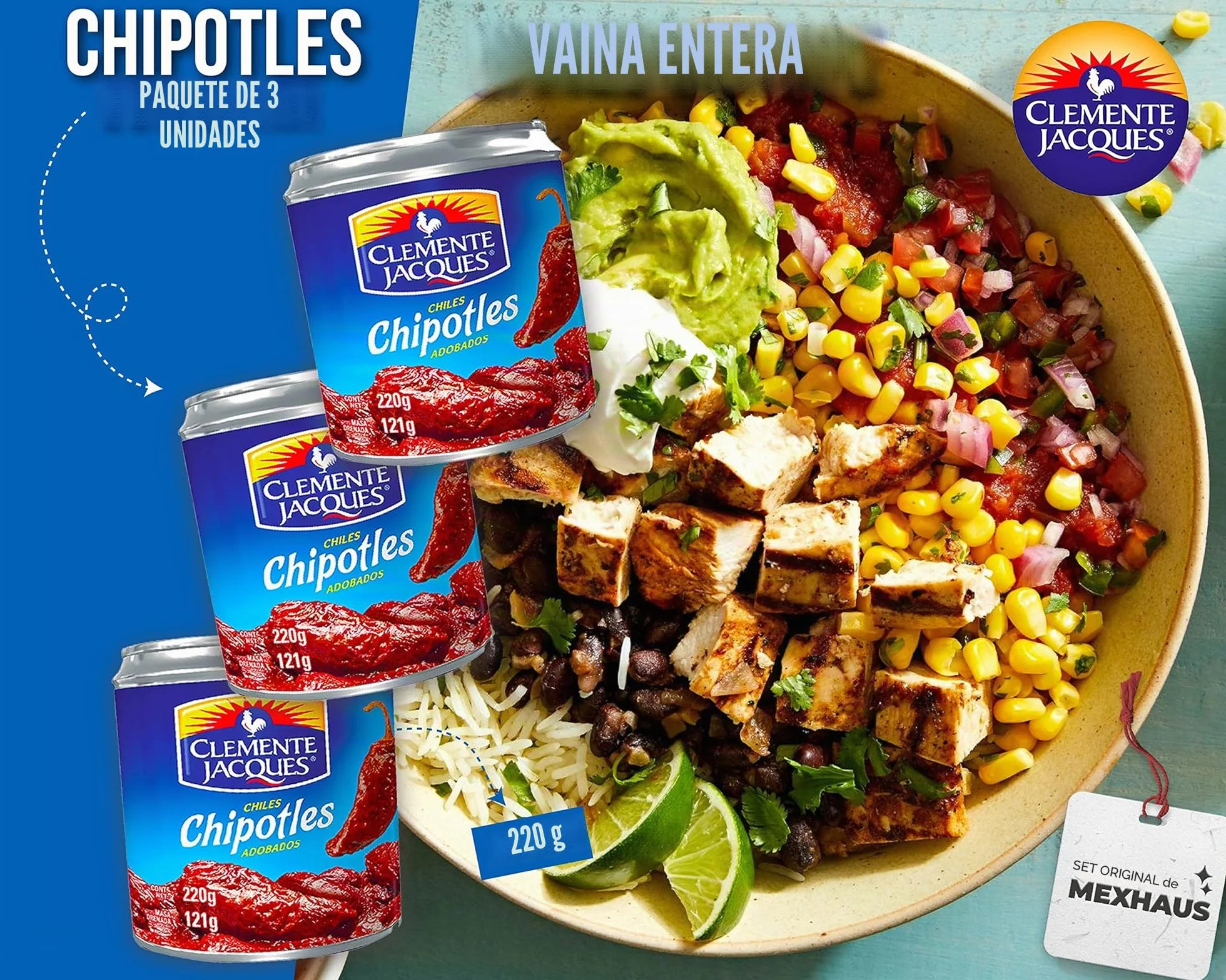 Chipotle Chili en salsa Adobo - Chipotle en Adobo de Clemente Jacques (Pack de 3) por 220 gr