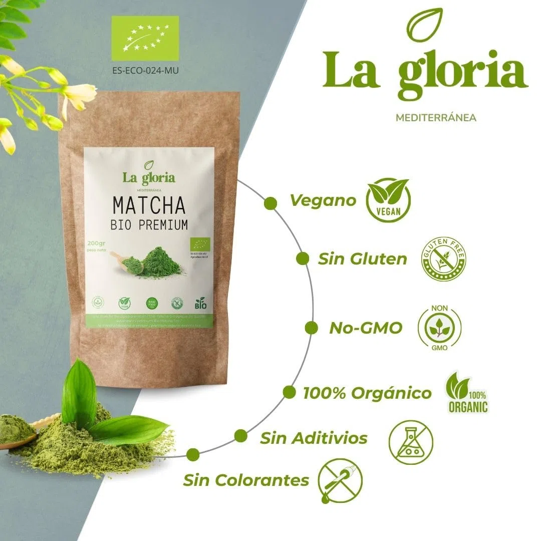 Matcha en Polvo Bio La Gloria Mediterránea 200 g | Té Verde Ecológico Antioxidante | Energía Natural y Concentración | Ideal para Smoothies, Matcha Latte y Recetas Saludables | Vegano