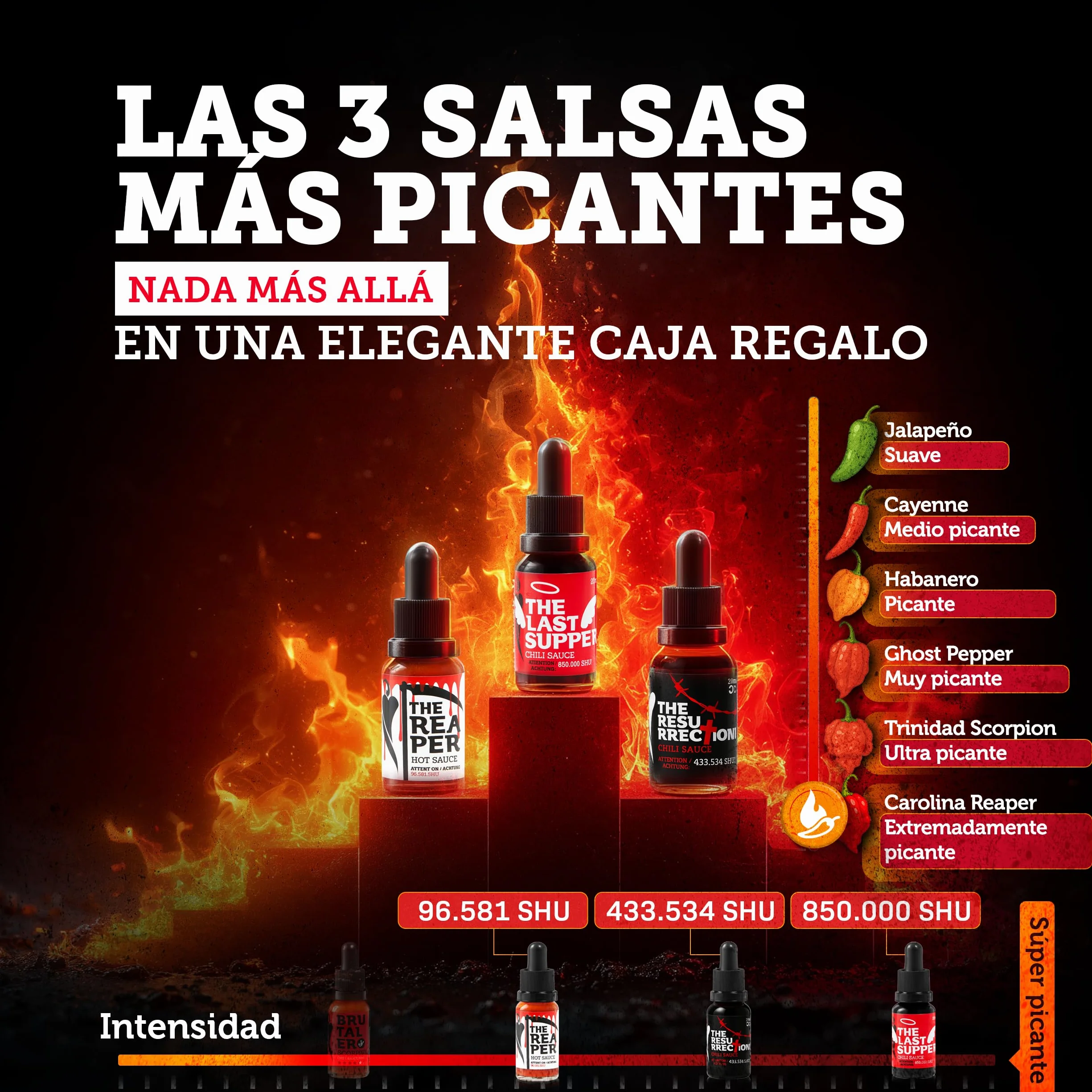 I LOVE SPICY The End Estuche 3 Salsas Picantes Extremas 3x20ml Carolina Reaper Trinidad Scorpion Regalo Gourmet