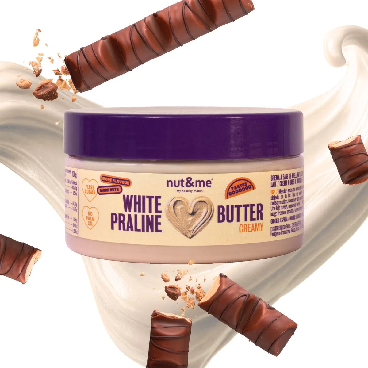 nut&me Creamy White Praline 300g nut&me | Crema con avellanas tostadas | Cremosa y deliciosa |Sin OGM | Vegetariana | Sin conservantes | Pack 2 x 150g