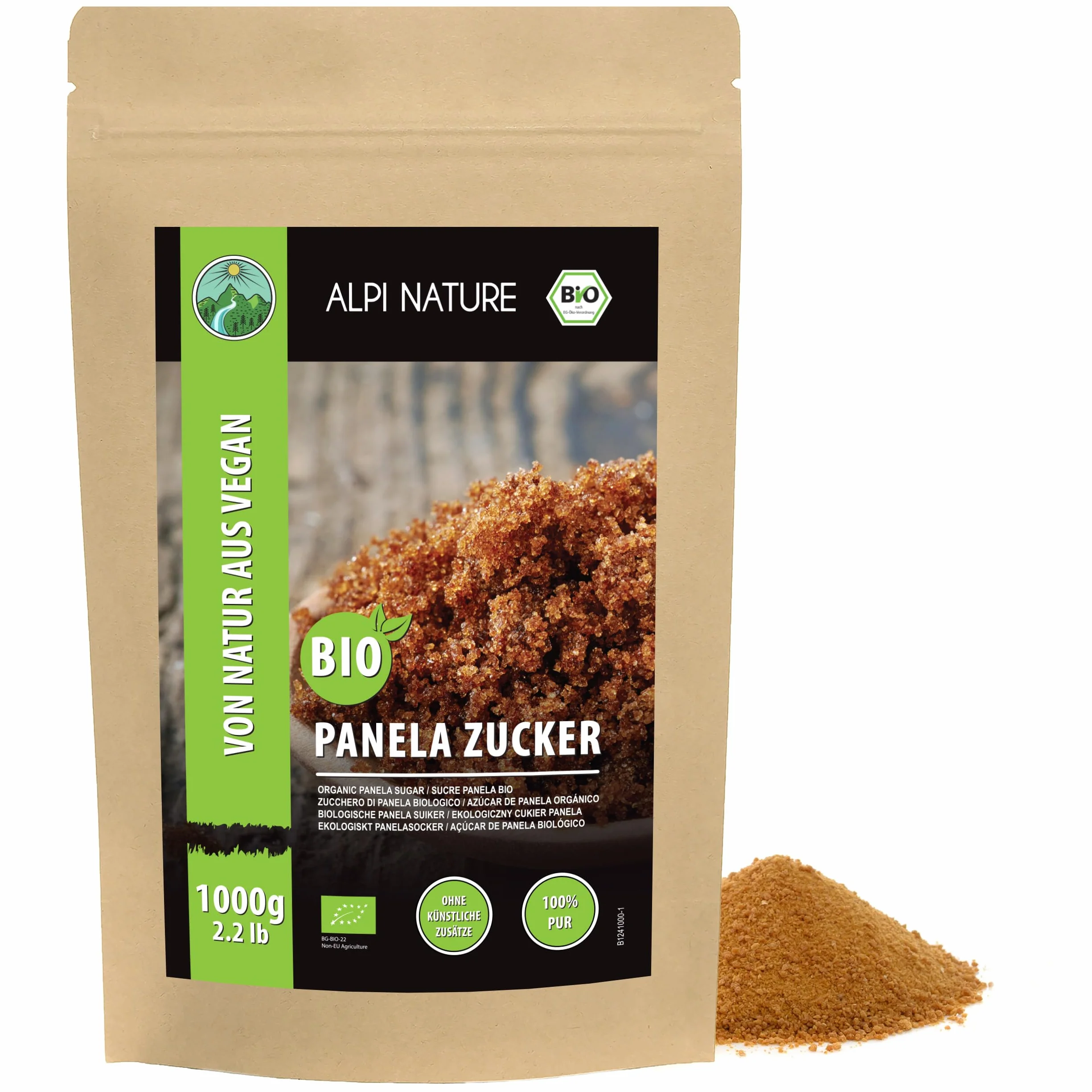 Alpi Nature Azúcar Panela Orgánico 1kg, Azúcar de Caña Cruda sin Refinar, Edulcorante Natural