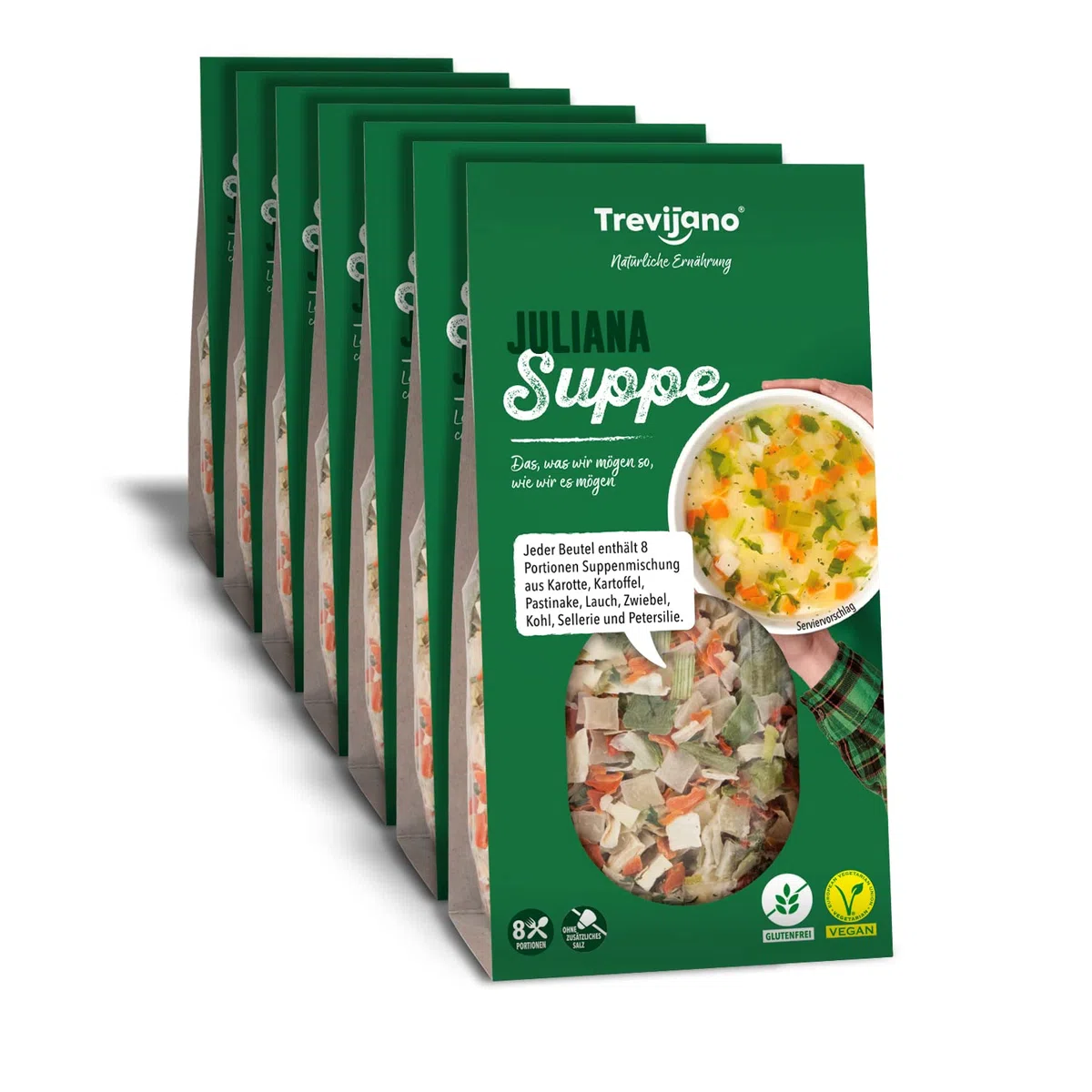 Sopa Juliana Trevijano: 7 bolsas de 100g cada una (700g de verduras deshidratadas). Cada bolsa contiene 8 raciones de sopa mezcla de zanahoria, patata, chirivía, puerro, cebolla, col, apio y perejil.