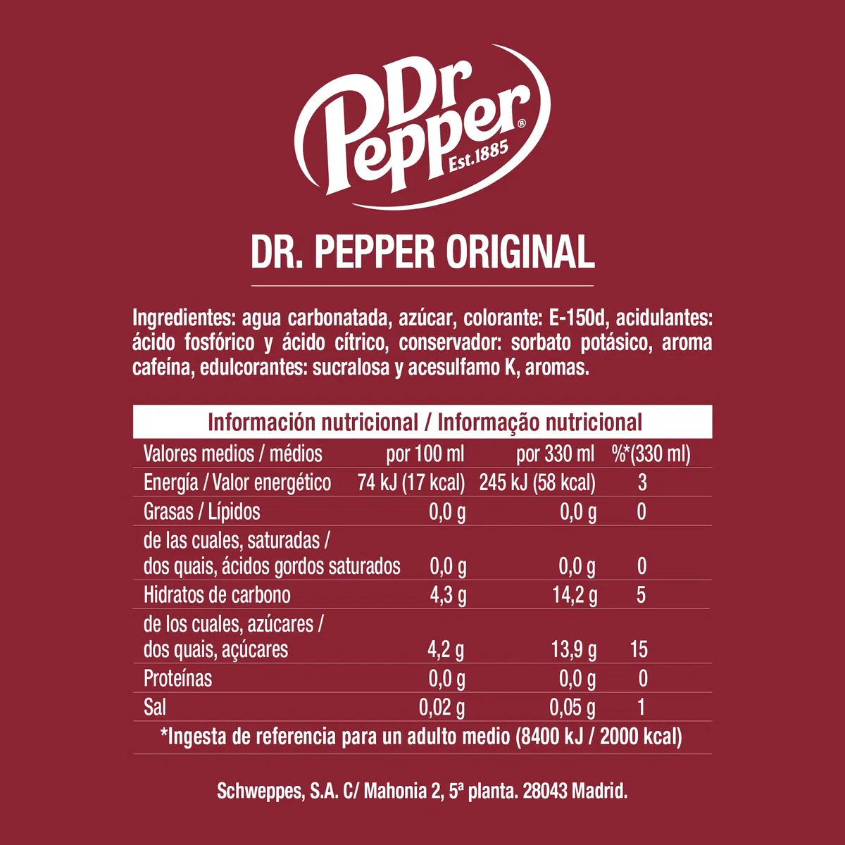 Dr Pepper Original Refresco de Cola, Bebida Refrescante - Lata, Pack 24 x 33 cl