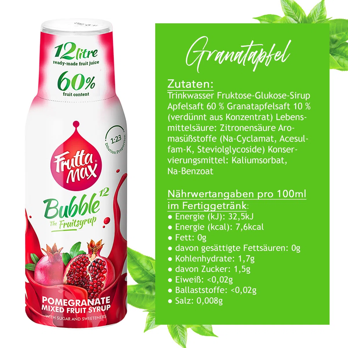 2 paquetes - FruttaMax - Concentrado de jarabe de frutas | Menos azúcar | con un 60% de contenido de fruta | adecuado para máquina de refrescos (2 x 500 ml) (2 x Granada)