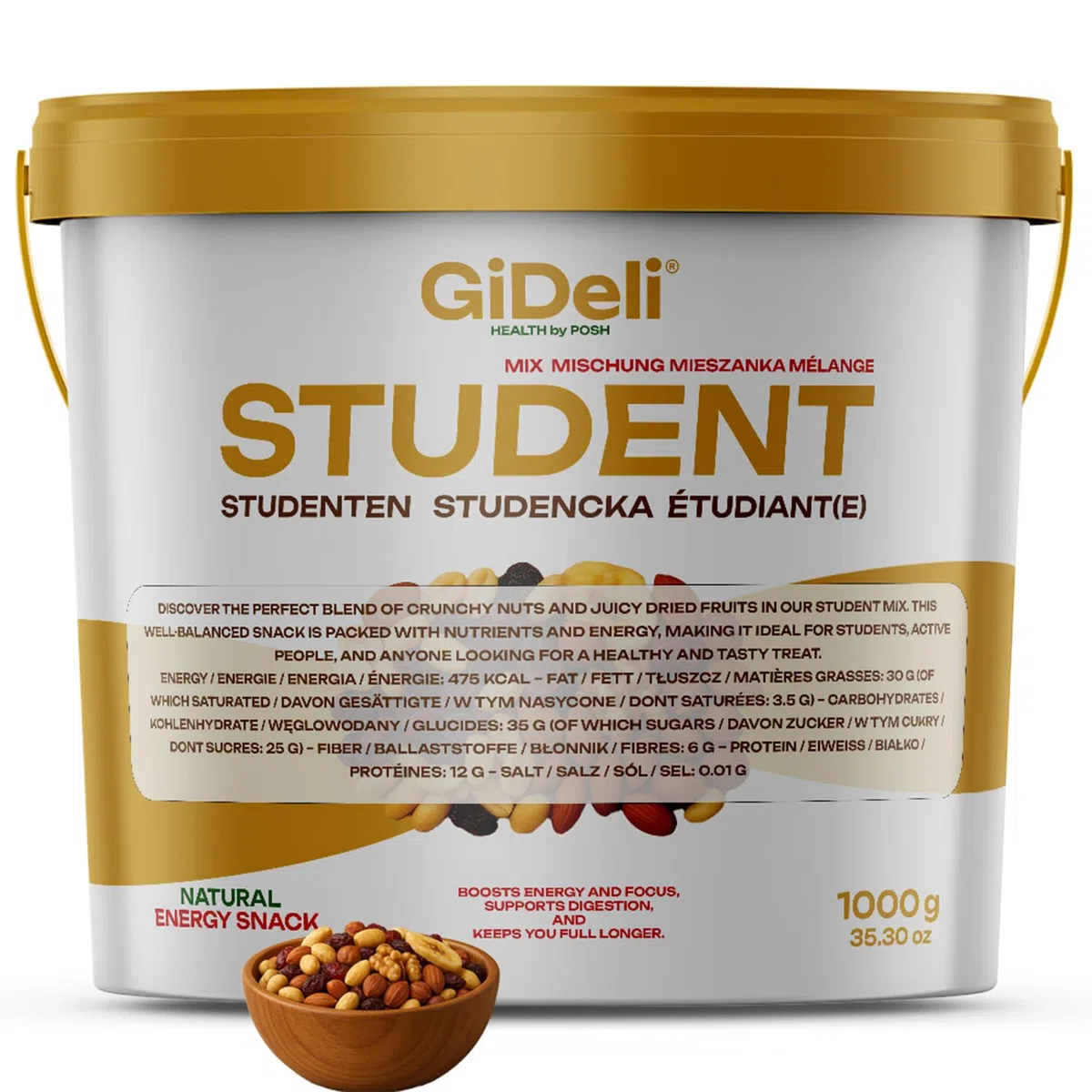 GiDeli Mezcla de frutos secos Premium 1kg en cubo Mezcla de frutas con cacahuetes, anacardos, avellanas, almendras, nueces, pasas, arándanos rojos y chips de plátano, sin aditivos