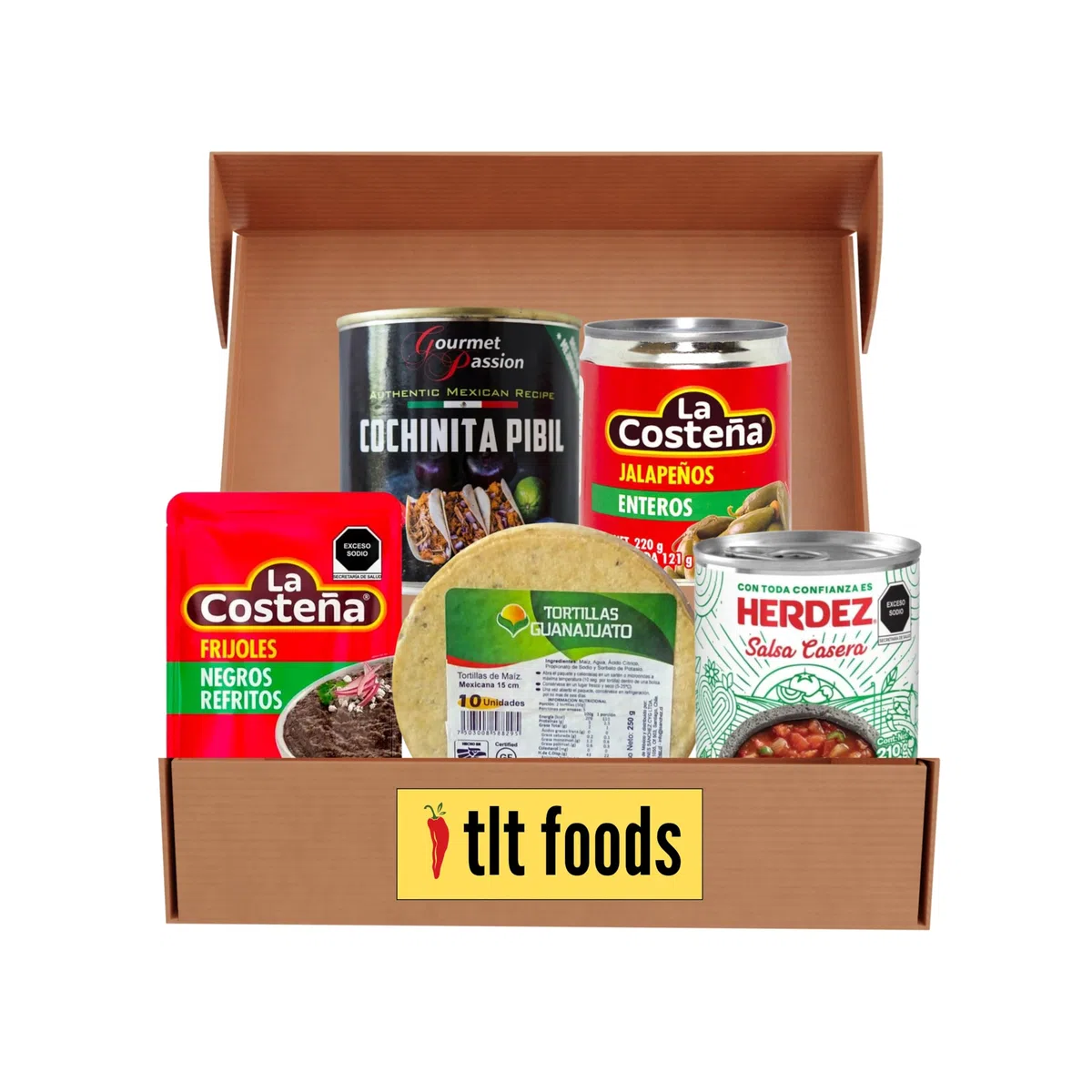 TLT FOODS - Lote Experiencia productos mexicanos – Kit Tacos Cochinita Pibil, Ideal para fiestas y degustacion comida mexicana - Pack con tortillas de maíz salsa casera jalapeños y frijoles refritos