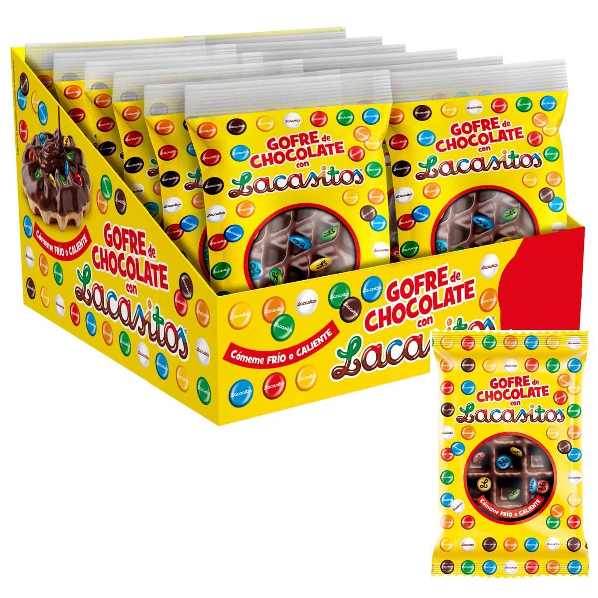 Gofres de Chocolate con Lacasitos - Caja 12 Unidades x 80 gramos - Gofres Recubiertos de Chocolate con Topping de Lacasitos - Envueltos de forma Individual