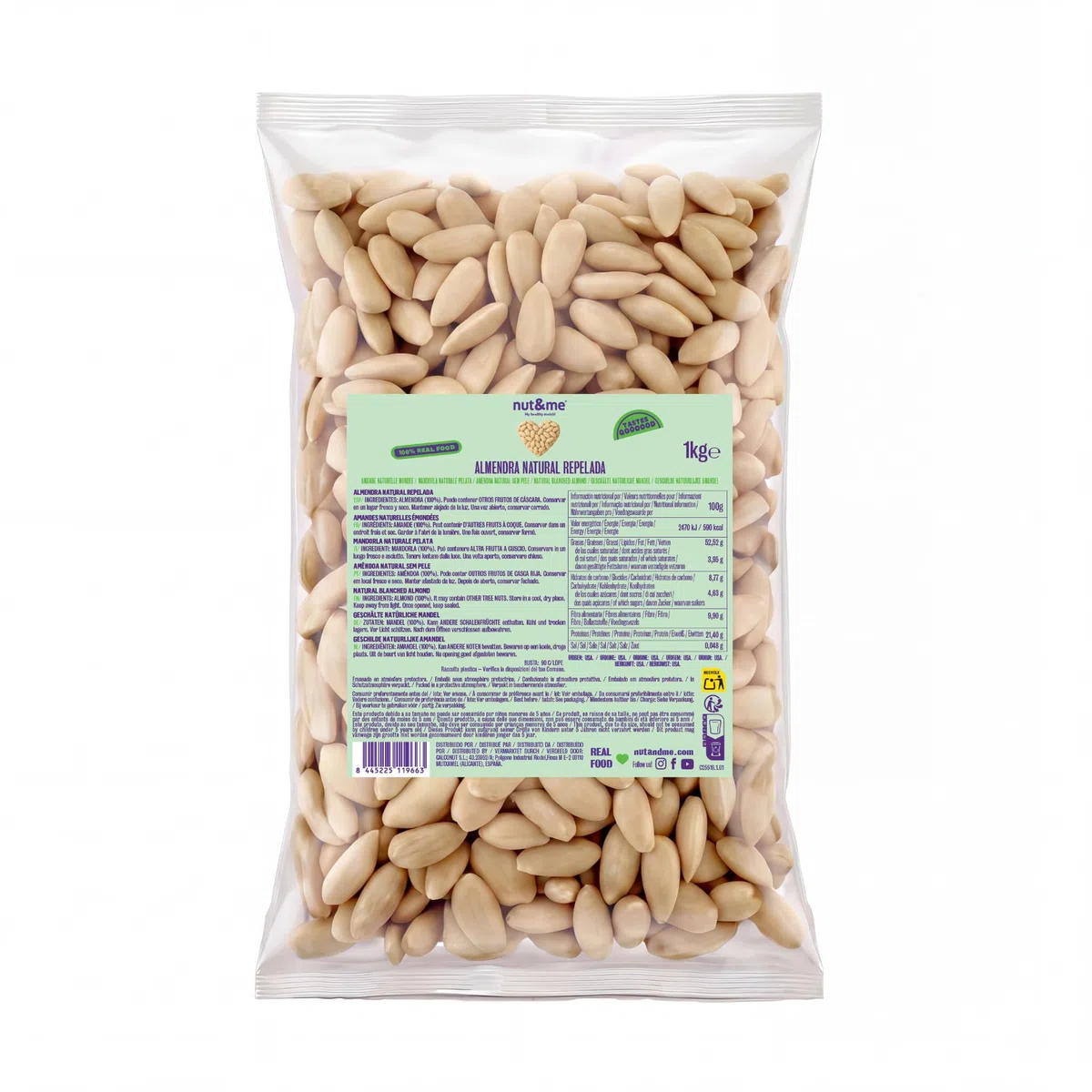 Almendra cruda sin piel 1 kg nut&me | Almendras crudas peladas | Sin aditivos ni conservantes | Fuentes de proteínas | Sin sal|