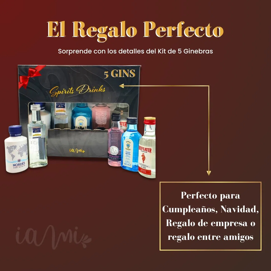 Kit Mini Ginebras | Caja Regalo con 5 Mini Botellas: Beefeater,Nordes,MartinMiller, PuertodeIndias y BombaySaphire | Perfecto como Regalo Original | Pack Ginebra 5 x 5cl