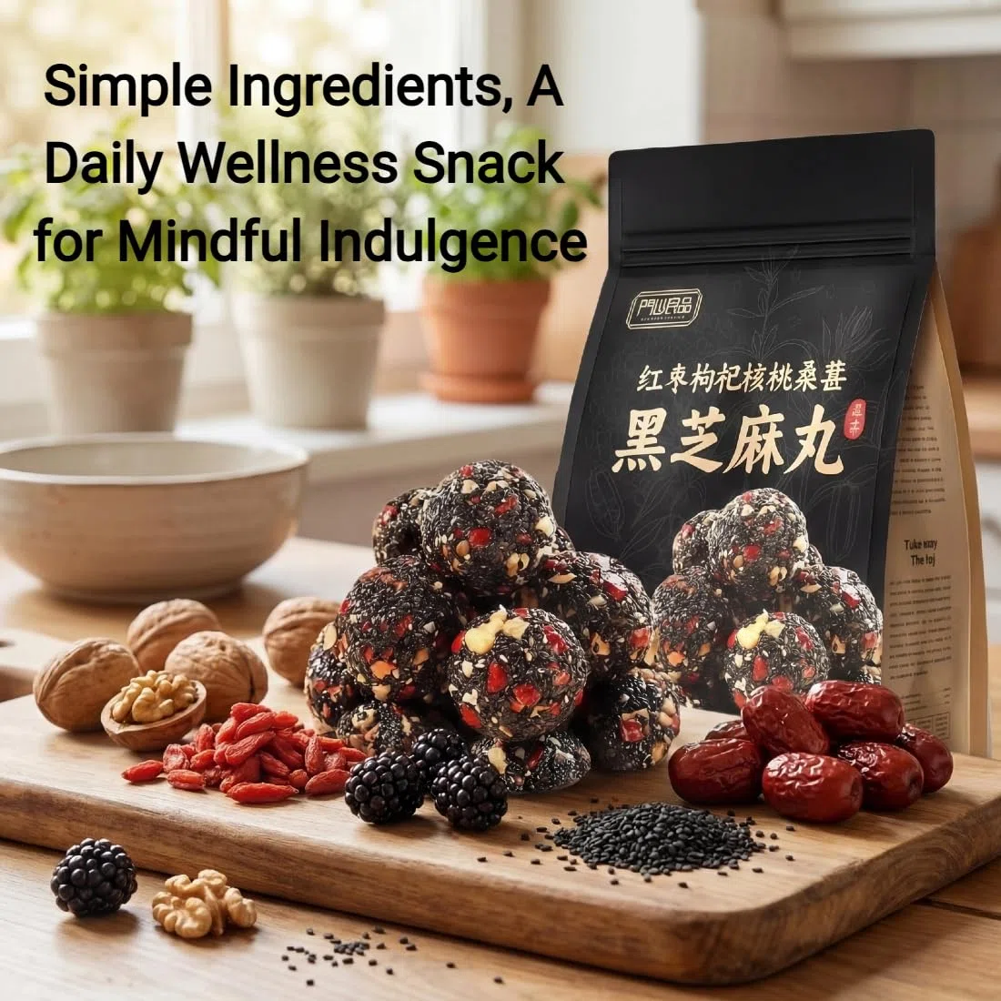 Bolas de sésamo negro con dátil rojo, bayas de goji, nueces y moras | Snack natural nutritivo con dátiles rojos, bayas de goji, nueces, moras y sésamo negro, apto para veganos y sin gluten, 200 g.