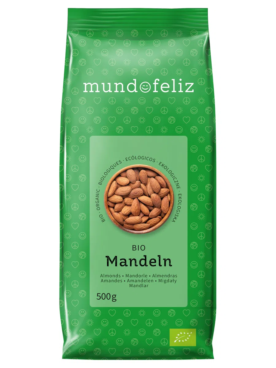 Mundo Feliz - Almendras ecológicas enteras, 2 bolsas de 500 g