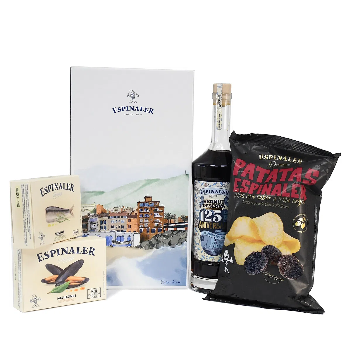 Espinaler Cesta Gourmet Aperitivo Premium 125 Aniversario - Pack Regalo con Vermut Reserva Rojo, Sardinillas y Mejillones Premium, Patatas Fritas con Sabor a Trufa, en Caja Estuche para Regalo