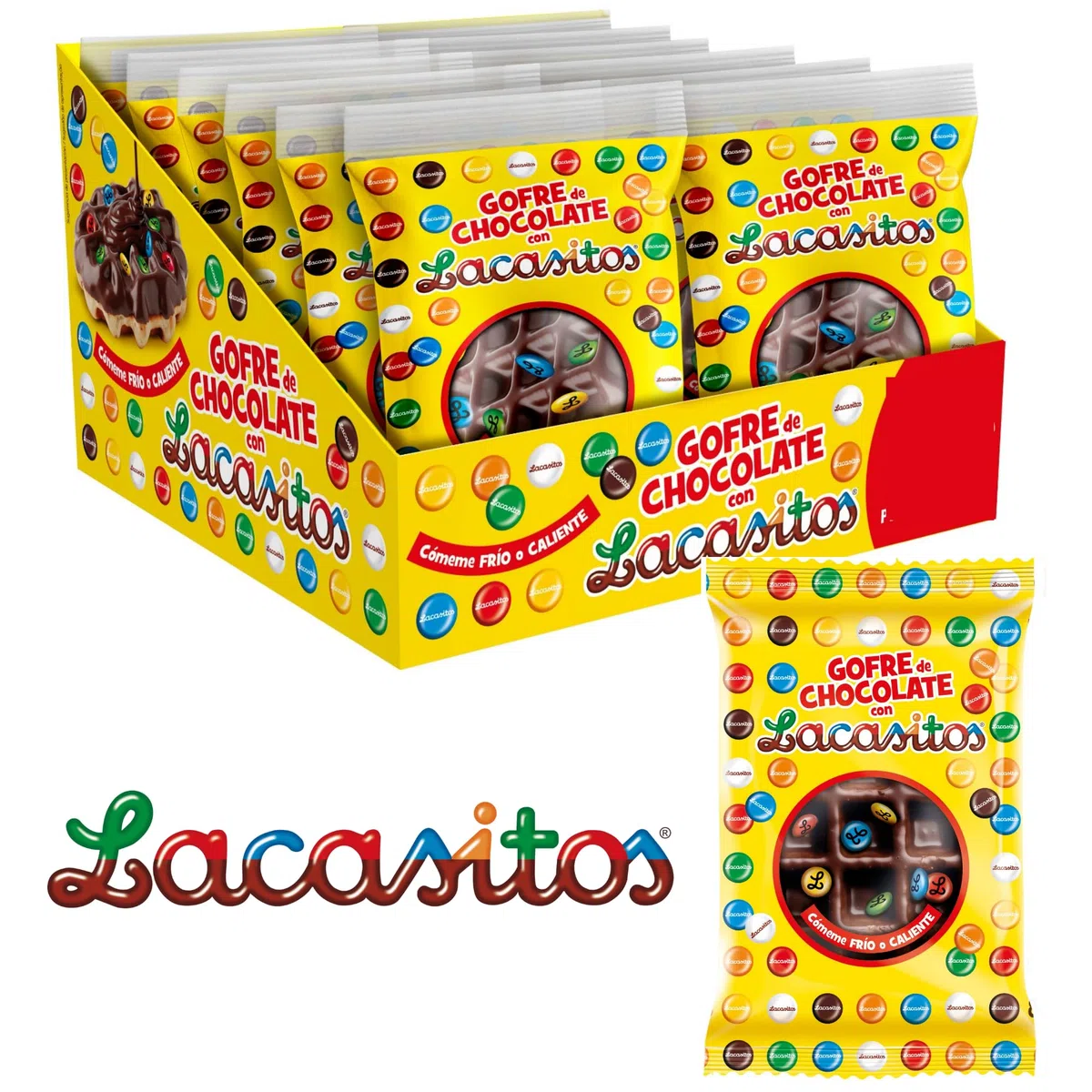 Gofres de Chocolate con Lacasitos - Caja 12 Unidades x 80 gramos - Gofres Recubiertos de Chocolate con Topping de Lacasitos - Envueltos de forma Individual