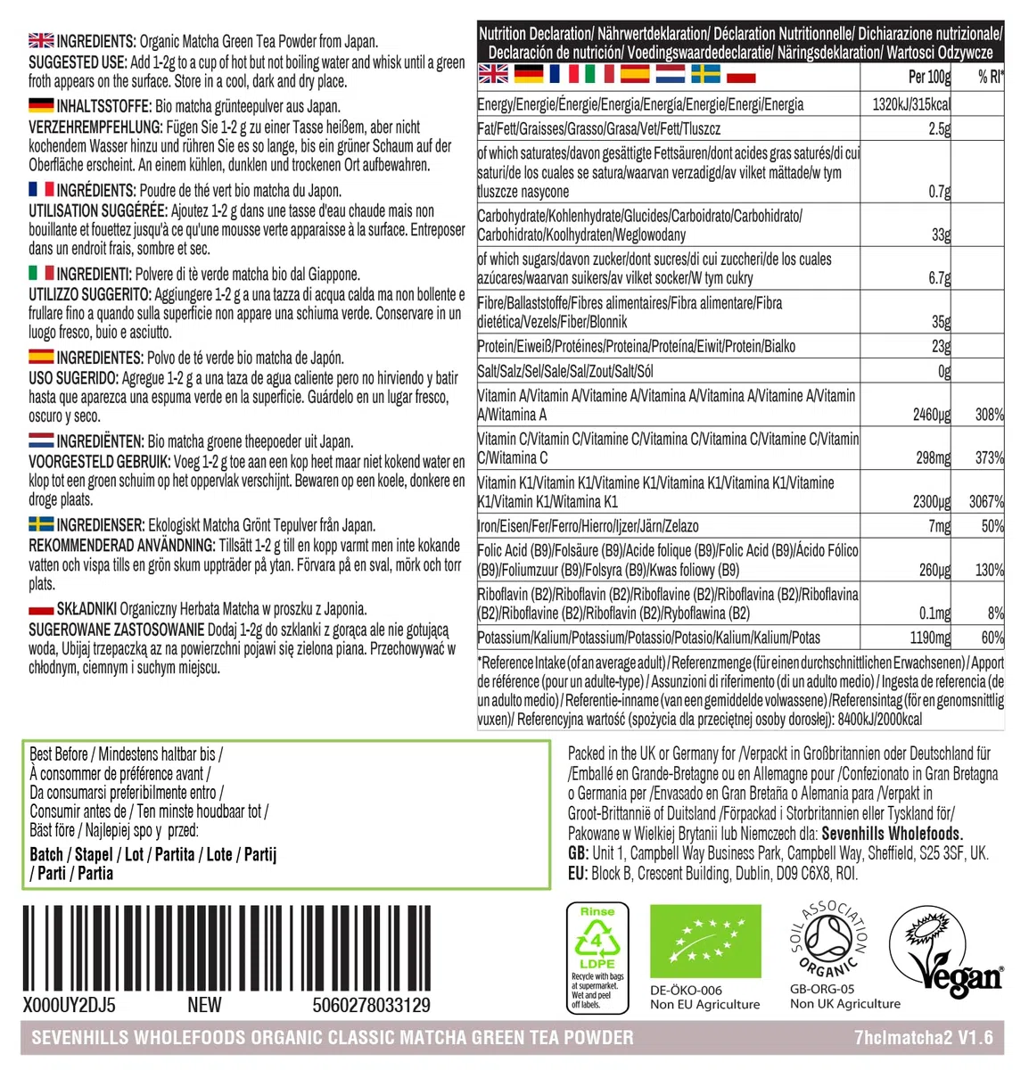 Sevenhills Wholefoods Matcha Té Verde Japonés Clásico Orgánico 200g, en Polvo, de Uji, Kyoto, Japon