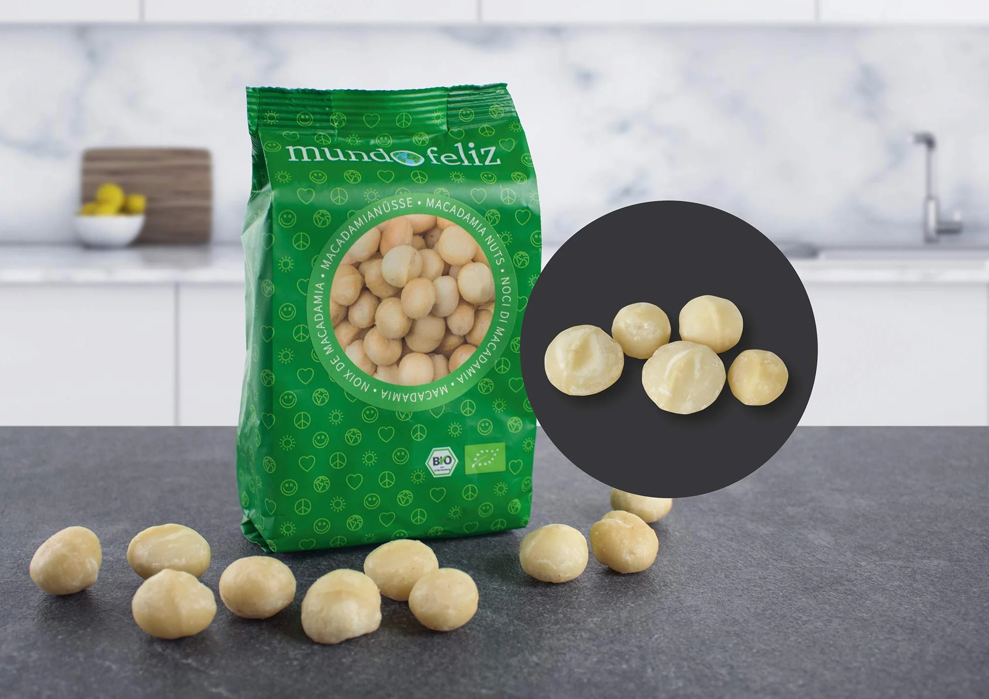 Mundo Feliz - Nueces de macadamia ecológicas crudas, 5 bolsas de 100 g