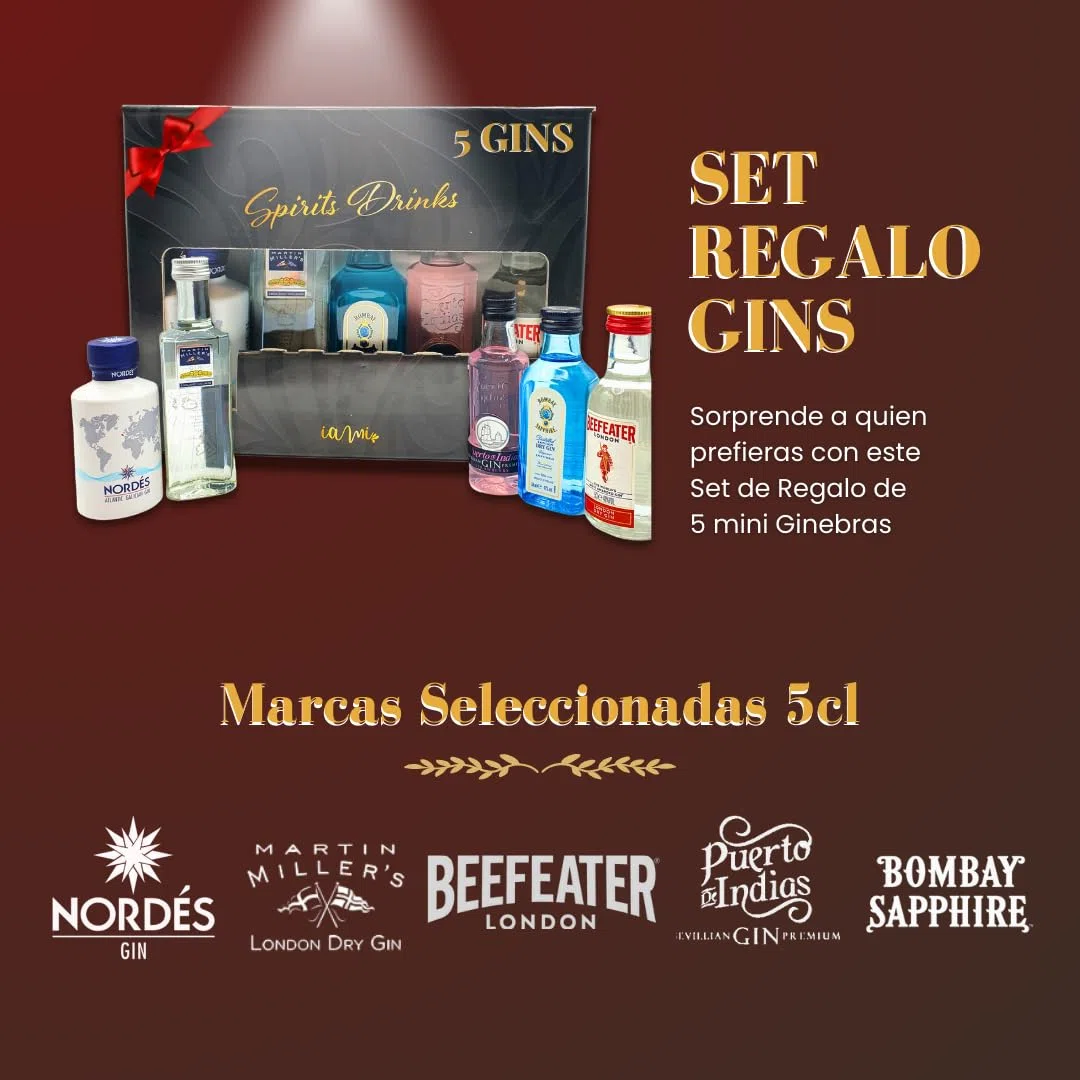 Kit Mini Ginebras | Caja Regalo con 5 Mini Botellas: Beefeater,Nordes,MartinMiller, PuertodeIndias y BombaySaphire | Perfecto como Regalo Original | Pack Ginebra 5 x 5cl