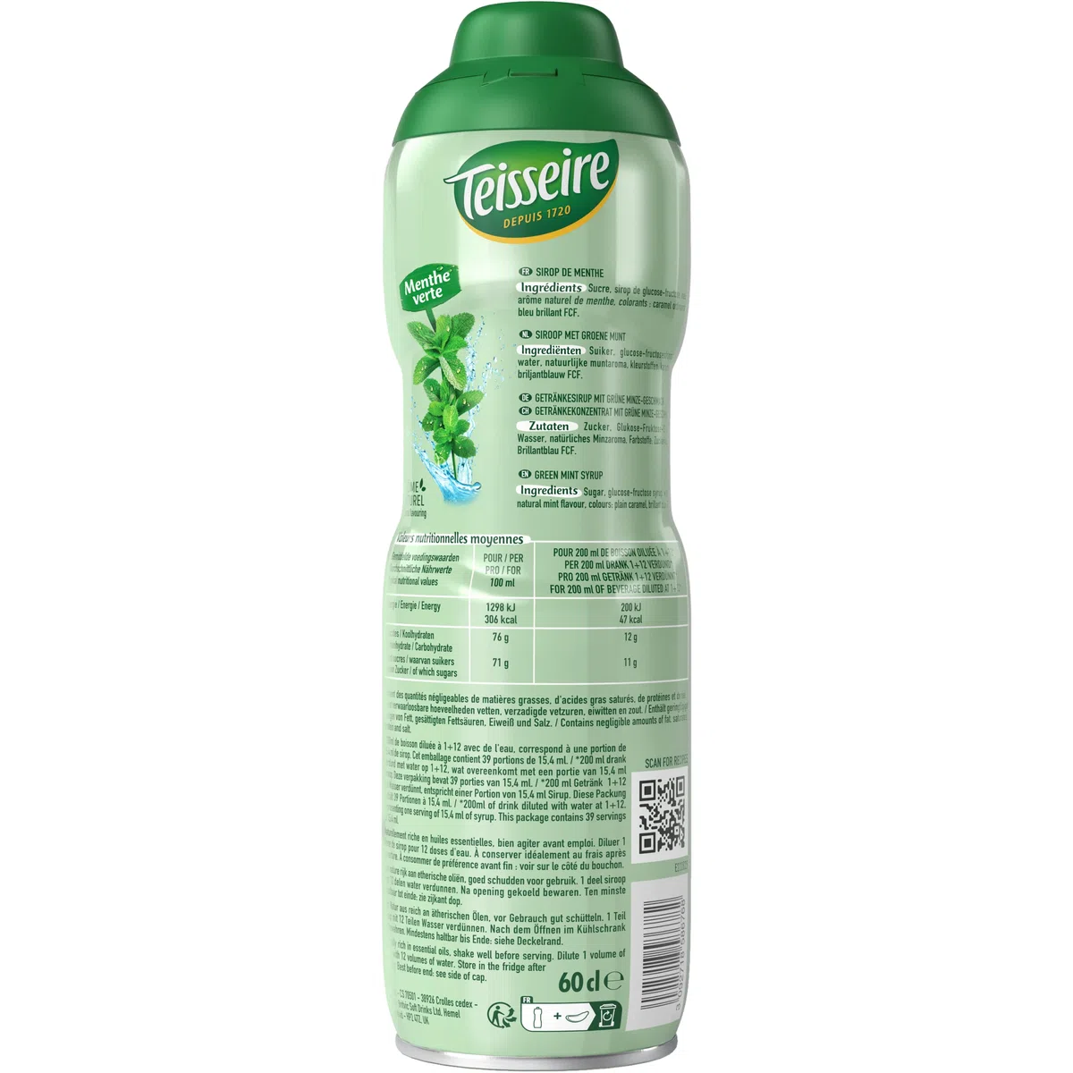 Teisseire Jarabe de Menta Verde para Bebida Refrescante, Cócteles, Bidón Reciclable 60cl