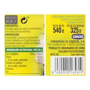 Espárragos muy gruesos Hacendado enteros Tarro 540 g (325 g escurrido) Pack 2