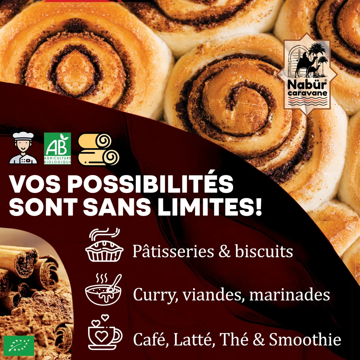 Nabür - 500 gr Canela de Ceilán Orgánico Bio en Polvo de Madagascar, Canela molida de Ceilán Biologico