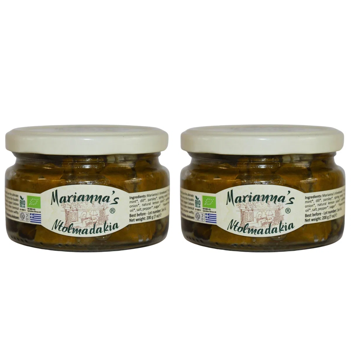 Marianna's Hojas de Parra Rellenas de Arroz – Dolmadakia Griegas Ecológicas – Pack de 2 x 200g (Total: 400g) – Listas para Comer