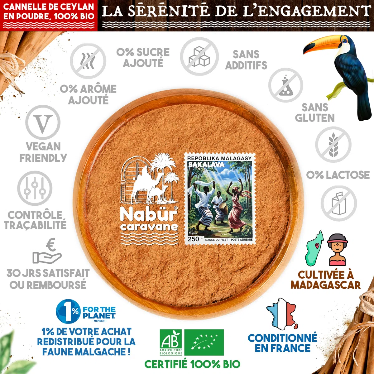 Nabür - 500 gr Canela de Ceilán Orgánico Bio en Polvo de Madagascar, Canela molida de Ceilán Biologico